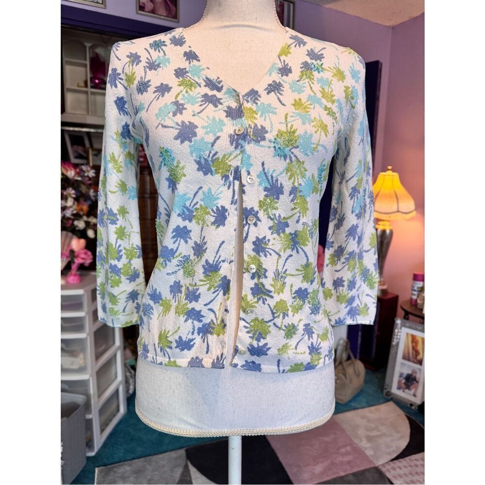 Sigrid Olsen Sport Floral Knit Top in Blue, Green & White With Glass Beads